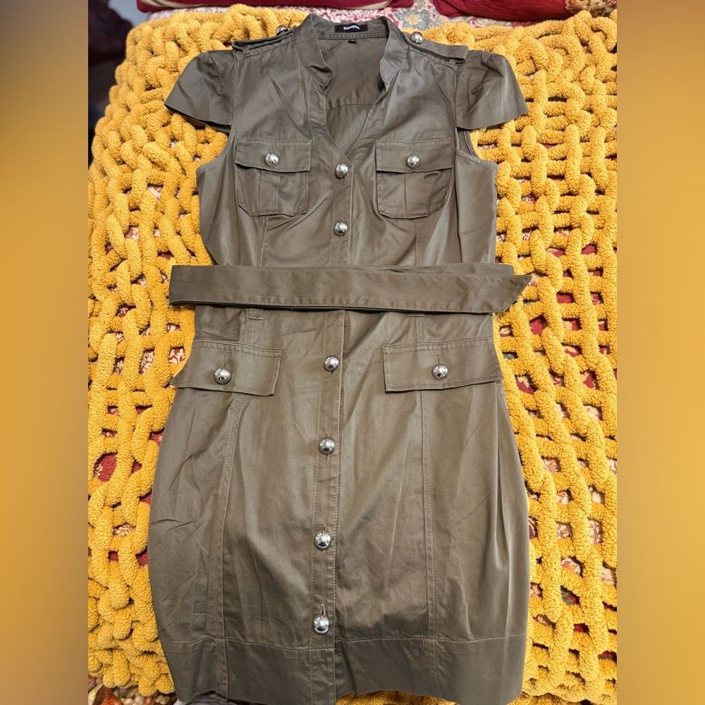 Express Olive Mini Dress with Button Accents